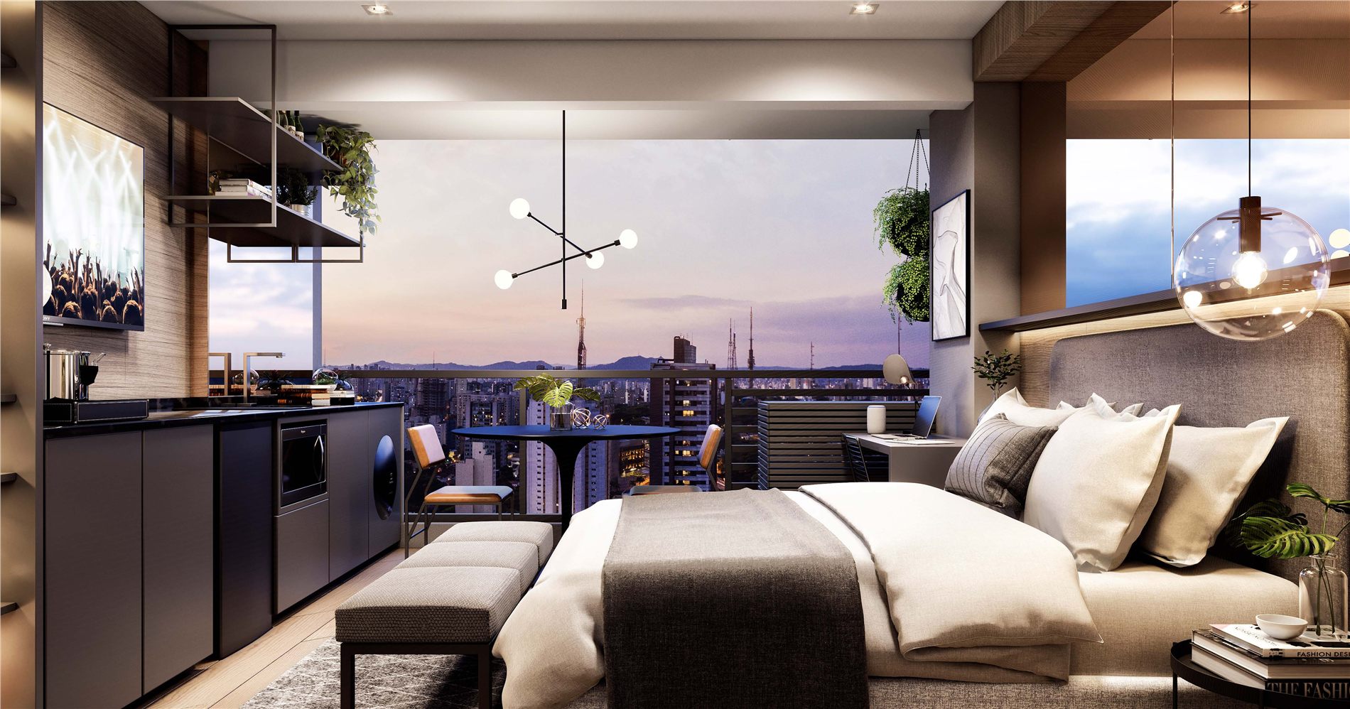 Studio de 25,80 m² — perspectiva ilustrada